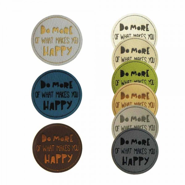 Leather labels, with the inscription "DO MORE OF WHAT MAKES YOU HAPPY"