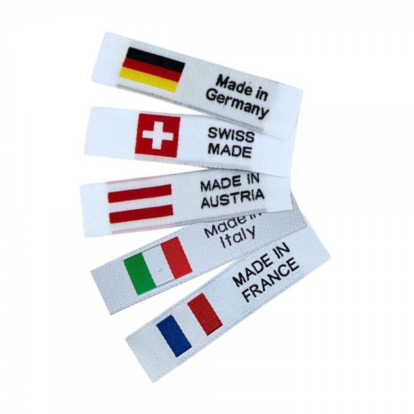 Textiletiketten Made in Italy, Austria, Swiss, France, Germany Webetiketten