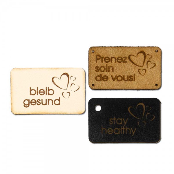Leather labels, with the inscription "stay healthy"